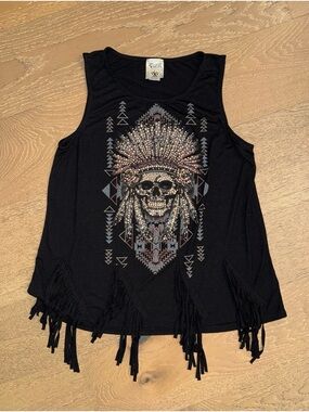 Vocal Black Sleeveless Fringe Tank with Embellished Skull Headdress